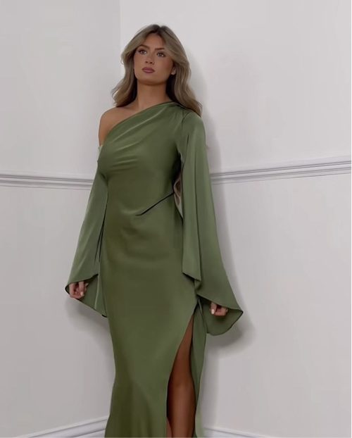 Attire inspiration: olive one-shoulder gown
